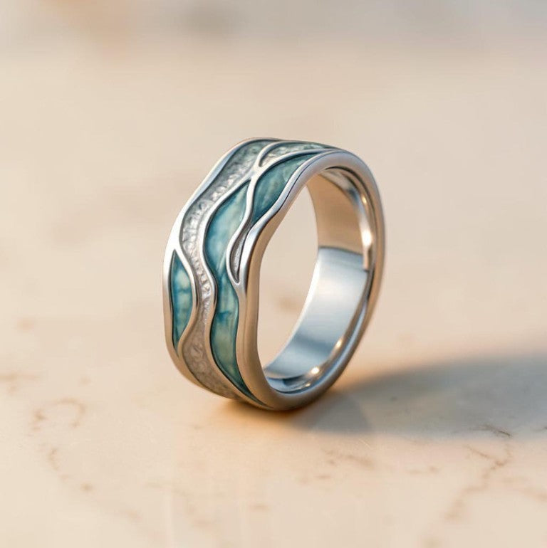 Zilveren Ring met Golvend Design Dames – Zilveren Kern en Turquoise Accenten